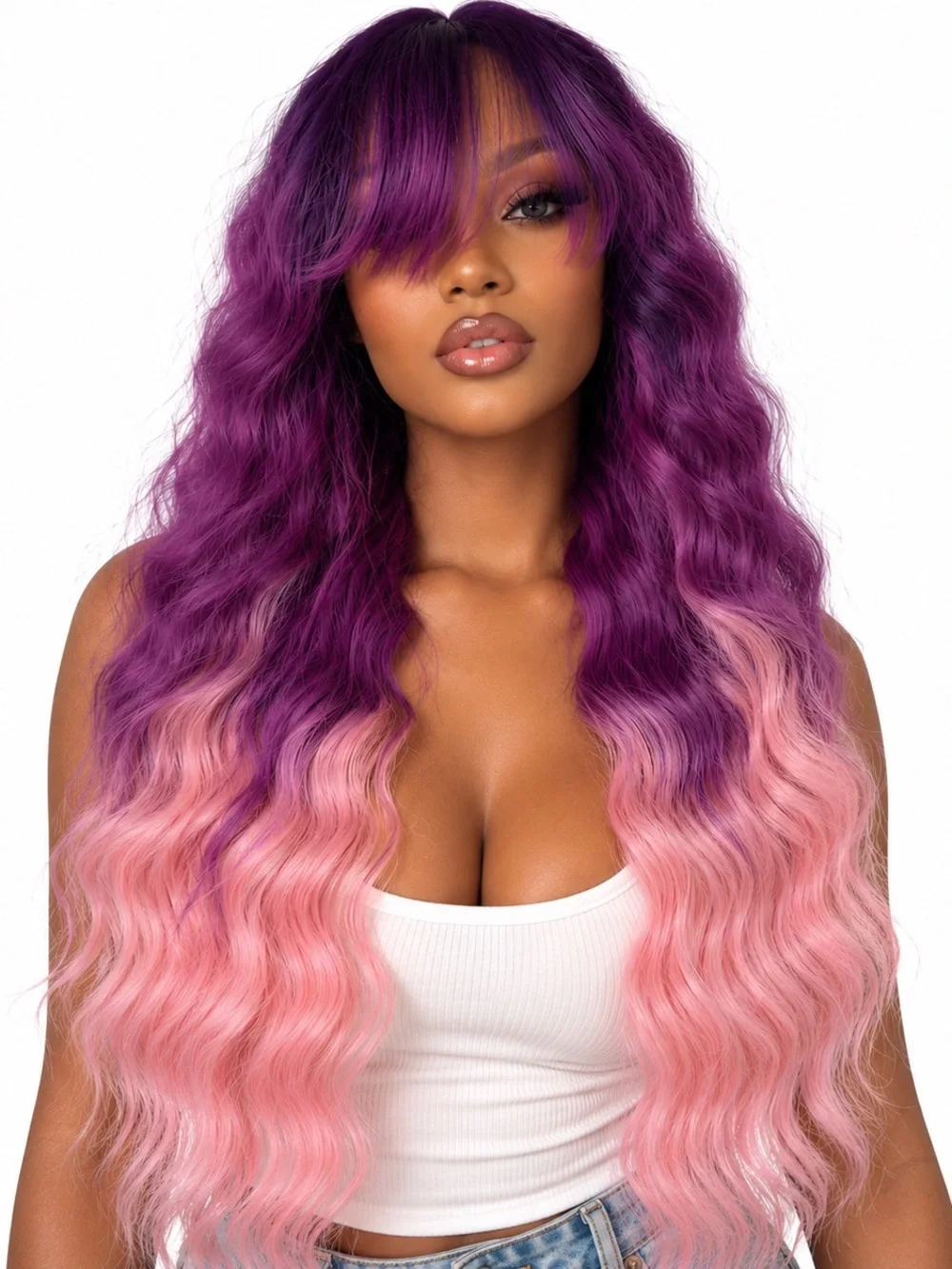 Long Wavy Ombre Wig in Purple and Pink -with bangs /fringe 26 inches long